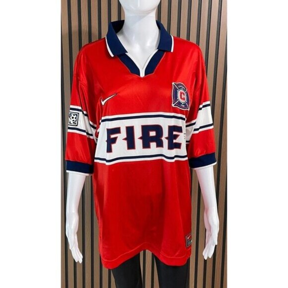 Nike Men's L Red Jersey Poly Chicago Fire FC Soccor Club Vintage 90s Signed - Picture 1 of 11